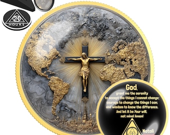 Cross Sobriety Coin | Serenity Prayer AA NA Recovery Token, Jesus Christ, One Day Time