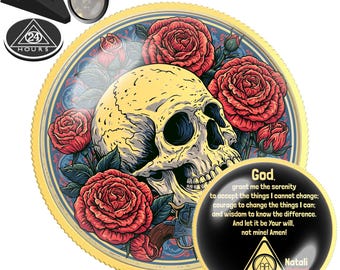 Ornate Red Skull and Roses Sobriety Coin | AA NA Recovery Milestone Gift | Custom Sobriety Chip | Personalized Sober Date Medallion