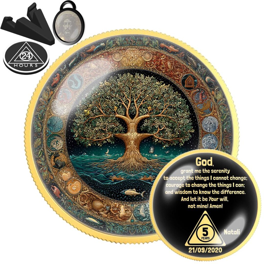 Tree of Life Sobriety Coin | AA Recovery Chip | Serenity Prayer Token ...