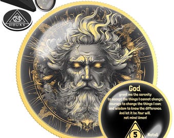 Gouden en zilveren munt van een wijze oudere voor nuchterheid | AA/NA herstelmedaille | Gepersonaliseerd cadeau voor een nuchterheidsjubileum | Token van oude wijsheid