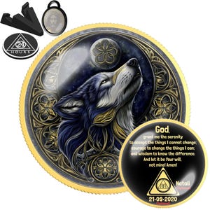 Sobriety Coin Wolf Howling Celtic Gold | Personalized AA NA Recovery Token | Sober Anniversary Milestone Gift | Keepsake Medallion