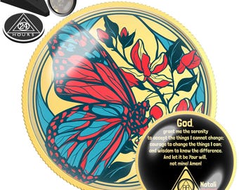 Teal Butterfly Sobriety Coin | Personalized Sober Anniversary Gift | AA Medallion with Name | Custom Clean Date Medallion