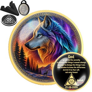 Cosmic Wolf Sobriety Coin | Personalized AA NA Recovery Gift | Sober Anniversary Chip | Aurora Wolf | Galaxy Spirit Medallion Gift