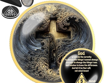 Christian Cross Sobriety Coin | AA Recovery Chip, Serenity Prayer Token