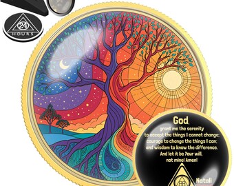 Day and Night Tree Sobriety Coin | Personalized Sober Anniversary Gift | AA Medallion with Name | Gold or Silver Medallion