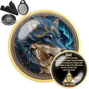 Blue Aurora Wolf Sobriety Coin | Personalized AA NA Recovery Gift | Sober Anniversary Chip | Aurora | Northern Lights Medallion Gift