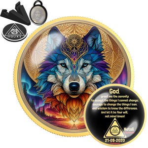 Spirit Wolf Sobriety Coin | Personalized AA NA Recovery Gift | Sober Anniversary Chip | Colorful Mandala | Wolf Recovery Medallion