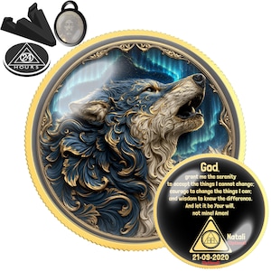 Wolf Northern Lights Sobriety Coin | AA NA Recovery Medallion 1-99 Years | Serenity Prayer Aurora Wolf | Sober Anniversary Gift Token