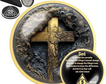 Sobriety Coin with Cross | AA NA Recovery Chip | Serenity Prayer Token
