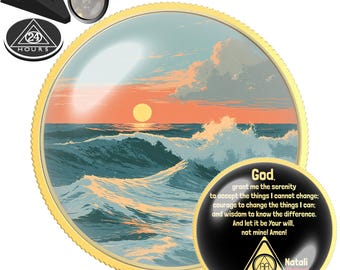 Sunset Sea Golden Wave Sobriety Coin | AA NA Recovery Milestone Gift | Sober Anniversary Chip | Personalized Sober Date Medallion