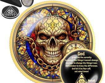 Pocket Watch Skull Sobriety Coin | AA NA Recovery Milestone Gift | Sober Anniversary Chip | Personalized Clean Date Medallion