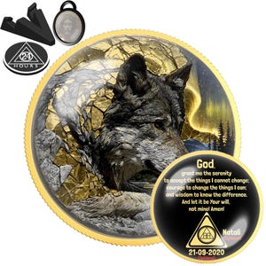 Dark Abstract Wolf Sobriety Coin | AA NA Recovery Gift | Sober Anniversary Chip | Personalized Medallion | Serenity Prayer Wolf