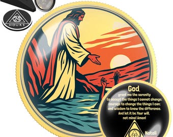 Retro Poster Hand Over Water Sobriety Coin | AA NA Recovery Milestone Gift | Sober Anniversary Chip | Personalized Clean Date Medallion