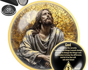 Moeda da Oração da Serenidade de Jesus | Ficha de Sobriedade AA/NA, Símbolo "Um Dia de Cada Vez"