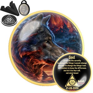 Elemental Wolf Sobriety Coin | Personalized AA NA Recovery Gift | Sober Anniversary Chip | Fire Sky | Wolf Spirit Strength Medallion