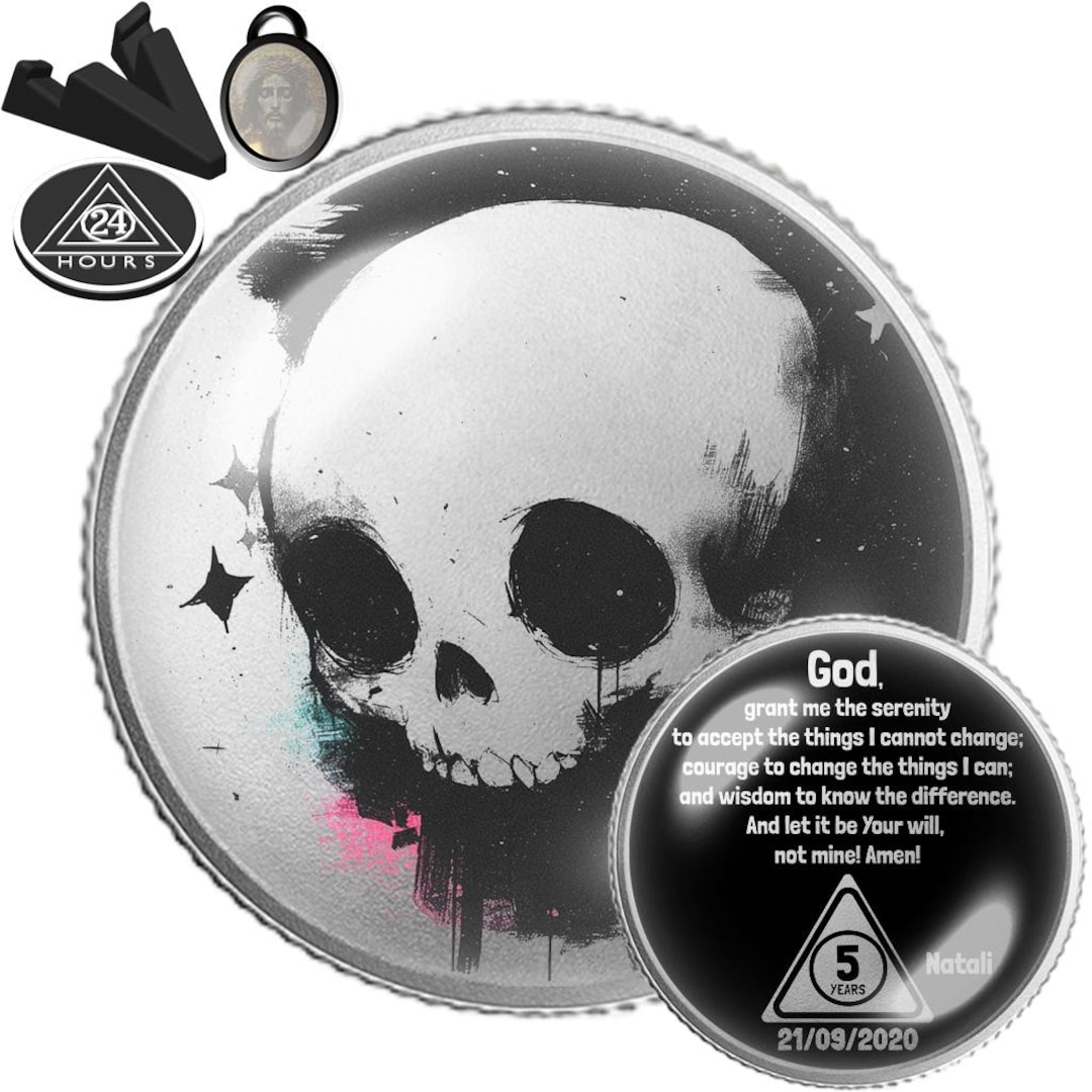 Moneda de sobriedad con forma de calavera • Medallón AA NA con oración ...