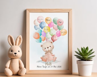 Christening Guest Book Poster Teddy Bear with Balloons | Personalized Christening Poster with Name | Baby Christening Gift | Keepsake Picture for Nursery Decor