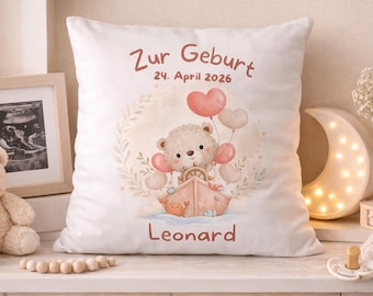 Personalized birth pillow with name and date | Fluffy baby gift | Baby present for girls & boys