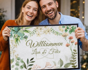 Personalized doormat with names & flowers | Welcome mat for a wedding or housewarming gift | Floral pastel design | Custom doormat