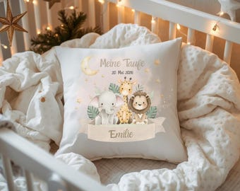 Personalized plush christening pillow with safari animals, name & date | Christening gift for girls or boys | Keepsake pillow