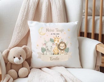 Personalized christening pillow with safari animals, name & date | Christening gift for girls or boys | Christening keepsake pillow