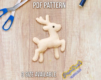 Patrón de costura en PDF para adorno de reno de fieltro – Plantilla de reno de peluche navideño de fieltro – Decoración navideña DIY – Descarga digital