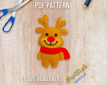 Patrón de costura en PDF para adorno de reno de fieltro: linda plantilla navideña de peluche de fieltro, decoración navideña DIY, descarga digital para principiantes.