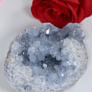 Könnte beinhalten: Geode mit hellblauen Kristallen. Die Geode ist hellgrau und hat eine raue Textur. Im Hintergrund befindet sich eine rote Rose.