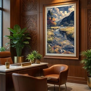 May include: An office interior featuring a large framed landscape painting with a river scene. The room has dark wood paneling, leather chairs, and potted plants. The overall aesthetic is one of luxury and sophistication.