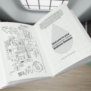 May include: An open book with a white background and a grid pattern on the right page. The left page has a hand-drawn map with the word "MIND" in a circle. The right page has a large water drop with the text "Welcome to your Wellness Session" and the text "Please enjoy each page equally".