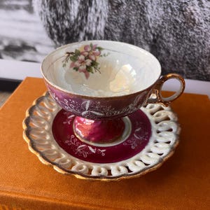 Tea Cup and saucer | Purple iridescent tea cup and saucer | Fine china | Made in Japan | floral design