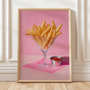 マティーニグラスに入ったフライドポテトのアートプリント、食べ物の静止油絵、パブ、バーカートの壁アート装飾、ピンクの壁アート、印刷可能な壁アート