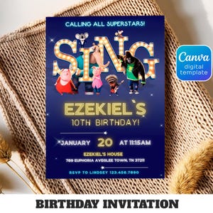 May include: A rectangular birthday invitation card with a dark blue background featuring the Sing movie characters and the text CALLING ALL SUPERSTARS, EZEKIEL'S 10TH BIRTHDAY, JANUARY 20 AT 11:15AM, EZEKIEL'S HOUSE, 789 EUPHORIA AVEGLEE TOWN, TN 37211, RSVP TO LINDSEY 123.456.7890.