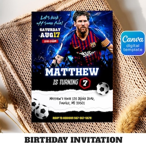 Messi invitation, Soccer invite, Champions League birthday invitation template, FIFA Printable editable invite, sports ball football party