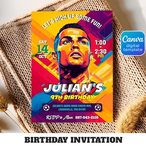 Invitation Ronaldo, invitation de football, modèle d'invitation d'anniversaire de la Ligue des champions, invitation modifiable imprimable de la FIFA, fête de football ballon de sport