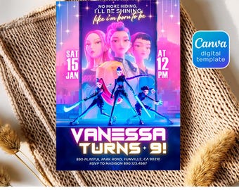 May include: A digital birthday invitation featuring three animated characters in a neon-lit city. Text reads: NO MORE HIDING, I'LL BE SHINING like i'm born to be, SAT 15 JAN AT 12 PM, VANESSA TURNS 9!, 890 PLAYFUL PARK ROAD, FUNVILLE, CA 90210, RSVP TO MADISON 890.123.4567.
