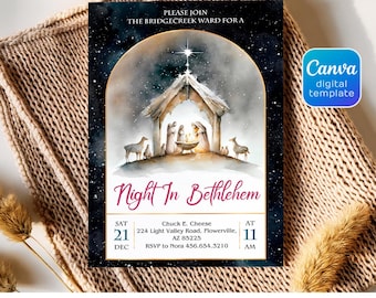 Op de afbeelding: Een digitale uitnodiging met een aquarel illustratie van de kerststal, met een ster, stal en schapen. De tekst "Night In Bethlehem" is in cursief schrift. Bevat evenementdetails en een "Canva digital template" logo.
