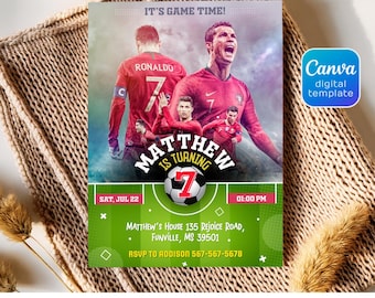 May include: A green and white soccer field birthday invitation with a soccer ball and the text "Matthew is turning 7". The invitation features a photo of a soccer player in a red jersey with the text "Ronaldo" on the back. The invitation includes the date, time, and address for the party.