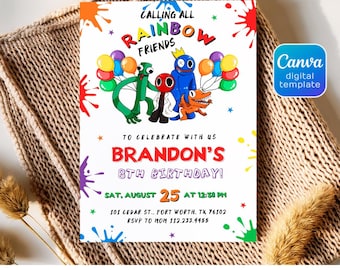 Rainbow friends birthday party invitation template, rainbow gang birthday invitate, rainbow friends invite, printable editable evite