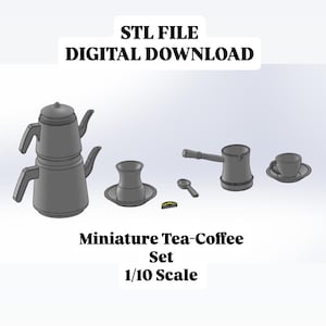 Miniatyr turkiskt te- och kaffeset i skala 1/10 i STL, 3D-utskrivbara dockhustillbehör (tekanna, teglas, kaffekanna, kopp, sked, citronskiva)