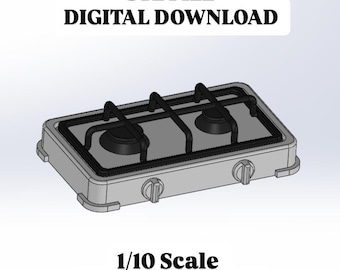 Könnte beinhalten: Ein 3D-gerenderter Miniaturherd in Hellgrau mit zwei Kochfeldern und Bedienknöpfen. Der Text "STL FILE DIGITAL DOWNLOAD" und "1/10 Scale Miniature Stove" ist enthalten.