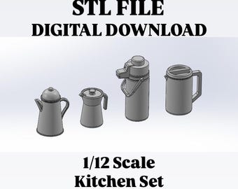 1/12 Scale Miniature Thermos & Pitcher Set - 4 Piece Kitchen Accessory (STL Digital File)