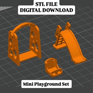 May include: An orange mini playground set, including a swing set, slide, and chair. The image includes the text "STL FILE DIGITAL DOWNLOAD" and "Mini Playground Set". The set is designed for digital download.