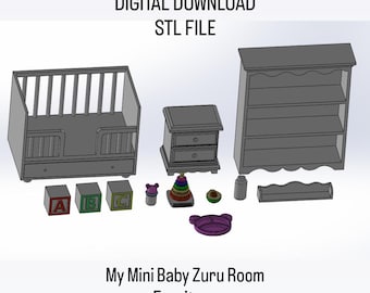 May include: A digital download image of miniature baby room furniture, including a crib, dresser, bookshelf, and toys. The text reads "DIGITAL DOWNLOAD STL FILE" and "My Mini Baby Zuru Room Furniture 1/12 Scale."