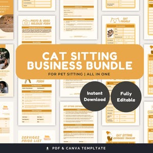 May include: A digital download bundle of printable templates for cat sitting businesses. The bundle includes forms, checklists, and trackers for pet sitting services. The templates are designed in a yellow and brown colour scheme with illustrations of cats.