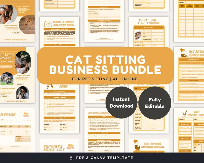 May include: A digital download bundle of printable templates for cat sitting businesses. The bundle includes forms, checklists, and trackers for pet sitting services. The templates are designed in a yellow and brown colour scheme with illustrations of cats.