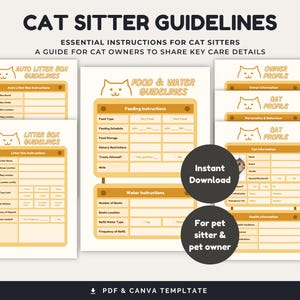 Könnte beinhalten: Eine druckbare Vorlage für Katzenbetreuer-Richtlinien mit wichtigen Anweisungen für Katzenbetreuer und einem Leitfaden für Katzenbesitzer. Das Design umfasst Abschnitte für Katzentoilette, Futter, Wasser und Besitzer-/Katzenprofile. Der Text enthält "Instant Download".