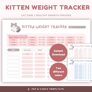 Puede incluir: Seguimiento de peso de gatito imprimible en rosa y azul. El seguimiento incluye un gráfico con el peso sugerido para gatitos por edad en semanas y meses, y una tabla para registrar el peso del gatito a lo largo del tiempo. El texto "Kitten Weight Tracker" aparece en la parte superior de la página.