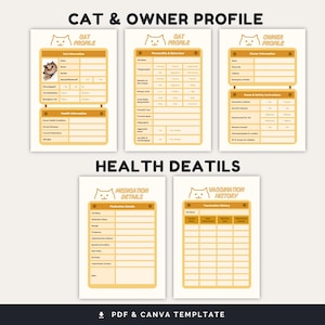May include: Printable cat and owner profile template with sections for cat information, personality, health details, medication, and vaccination history. The template features a cute cartoon cat illustration.