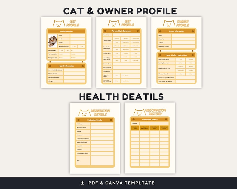 May include: Printable cat and owner profile template with sections for cat information, personality, health details, medication, and vaccination history. The template features a cute cartoon cat illustration.